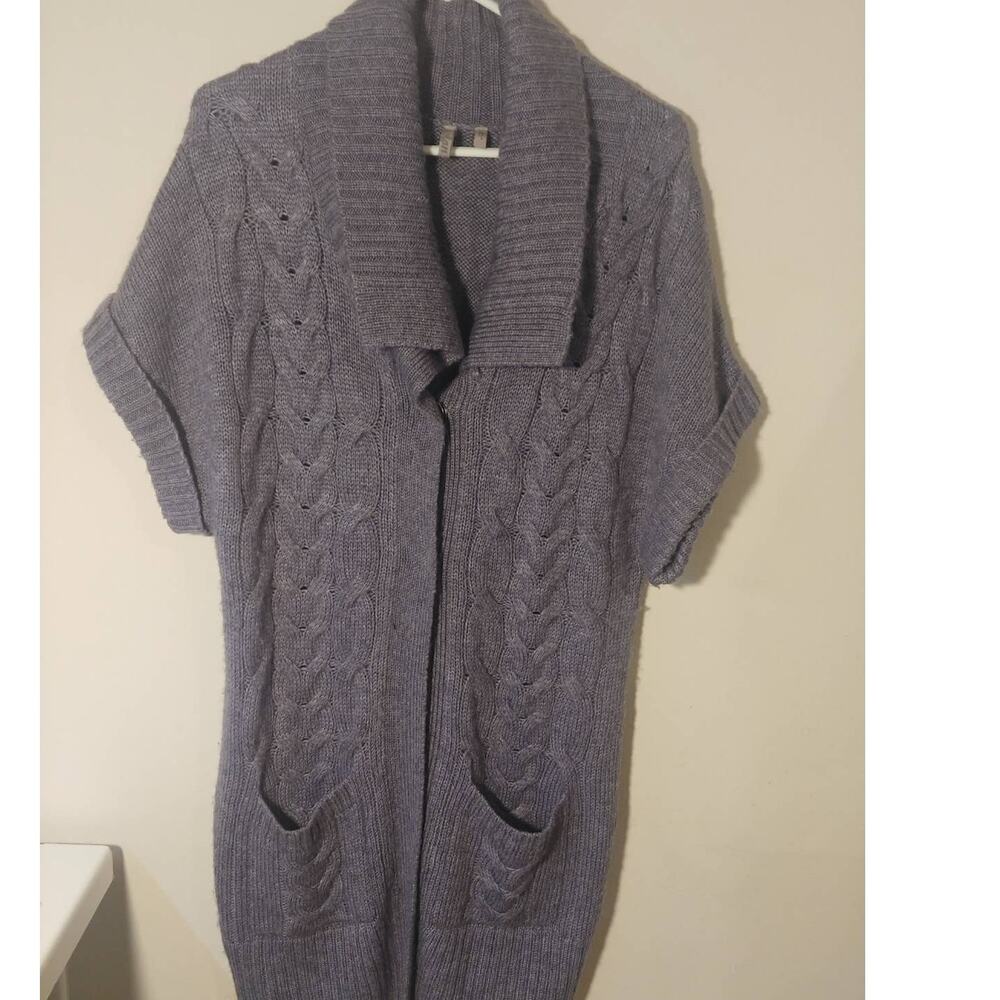 Caslon Short Sleeve Pocketed 2 Button Cardigan / Duster Purple Medium